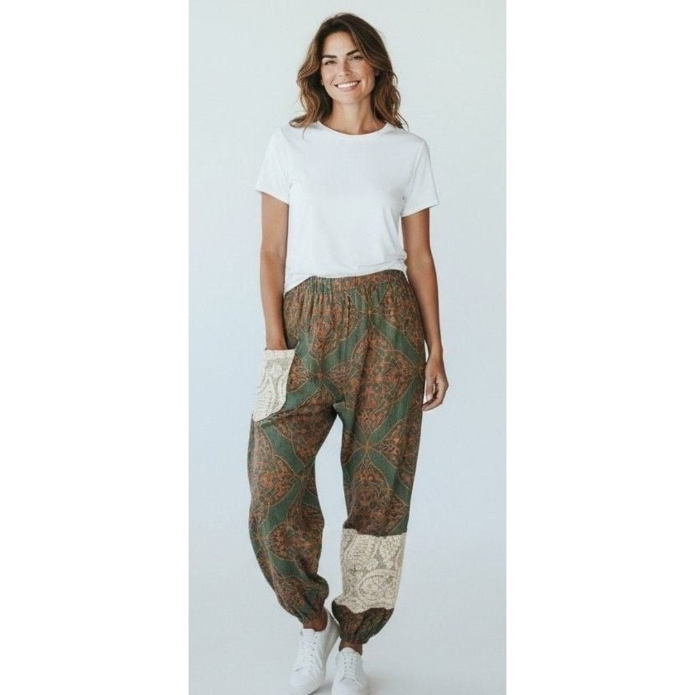 POL Dried Tomato Pants Floral Print Patchwork Twill Jogger Pants Small
